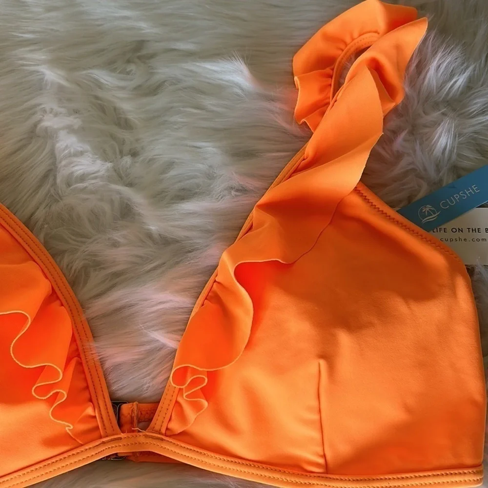 NWT Cupshe Neon Orange Ruffle Bikini Top Size XL